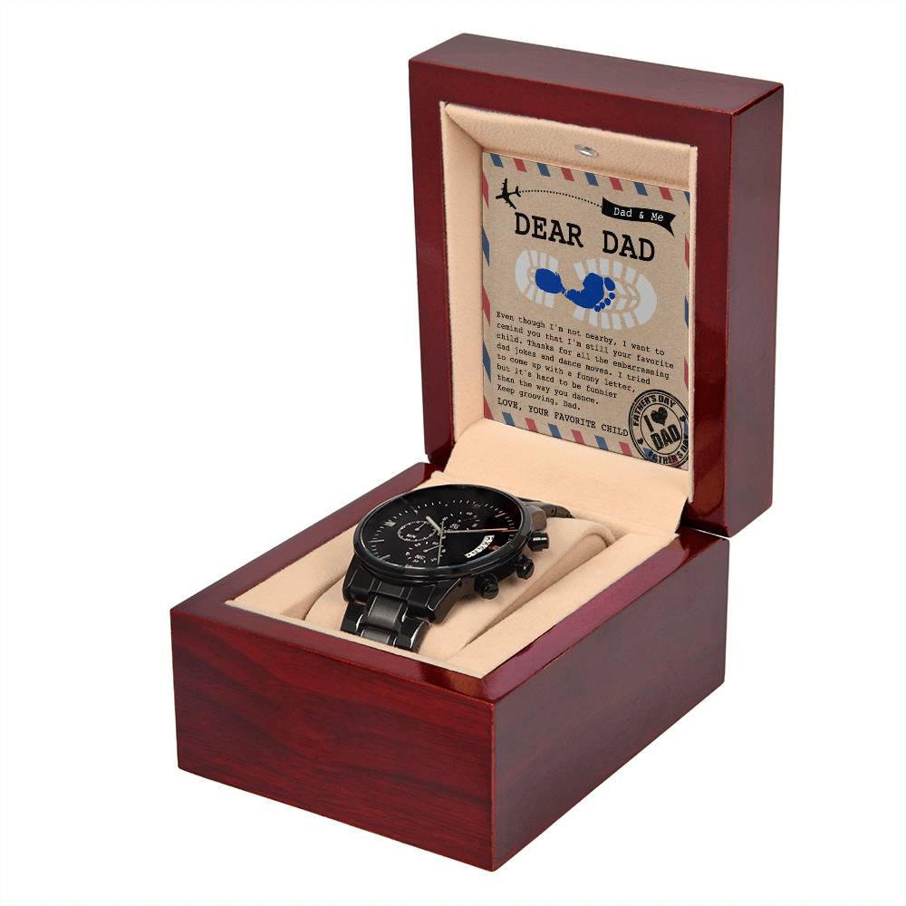 Gifts For Dad - Mens Black Wrist Watch with Mahogany Box and Message Card - Your Favorite Child