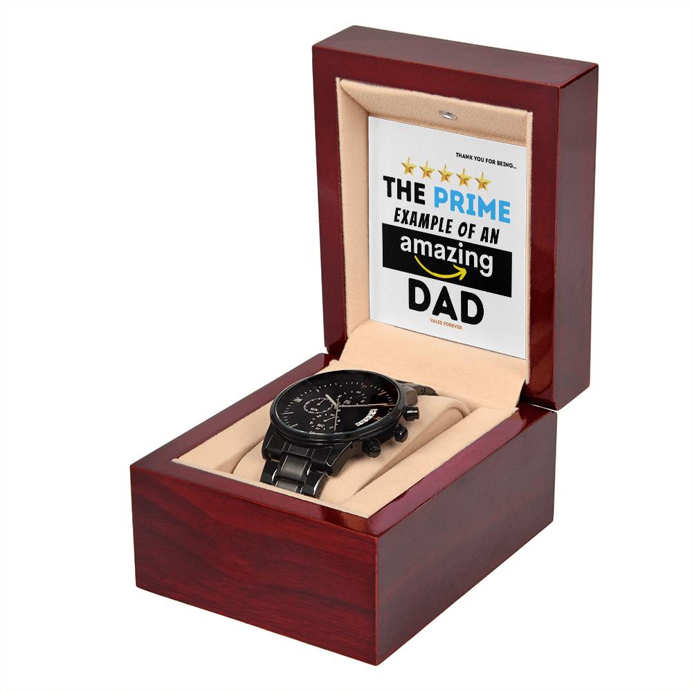 Gift For Dad - Mens Black Wrist Watch with Mahogany Box and Message Card - The Prime Example