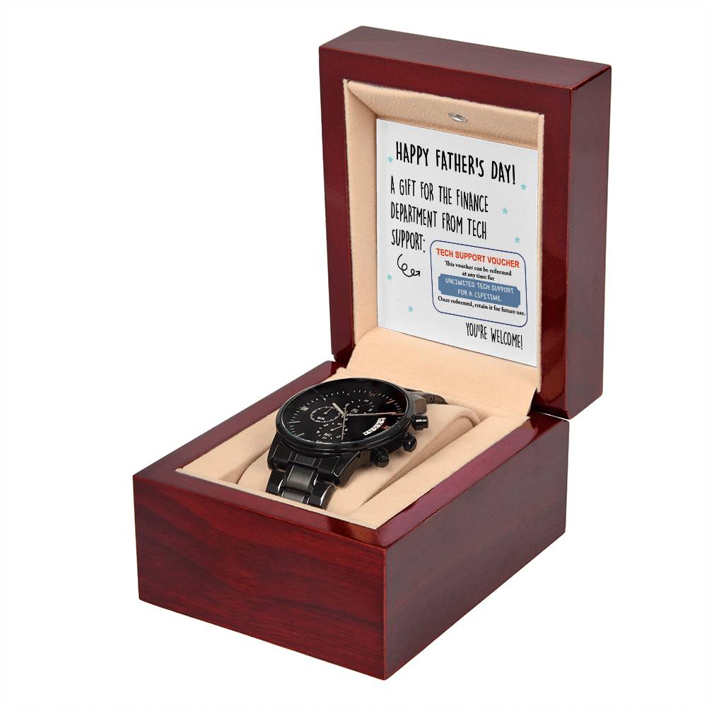 Fathers Day Gift For Dad - Mens Black Wrist Watch with Mahogany Box and Message Card - Tech Support Voucher