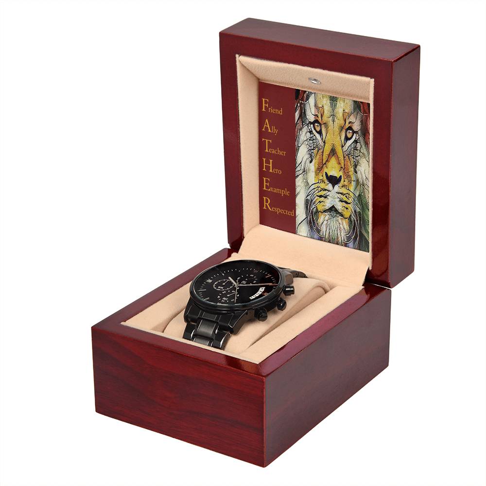 Gift For Dad - Mens Black Wrist Watch with Mahogany Box and Message Card - Respected