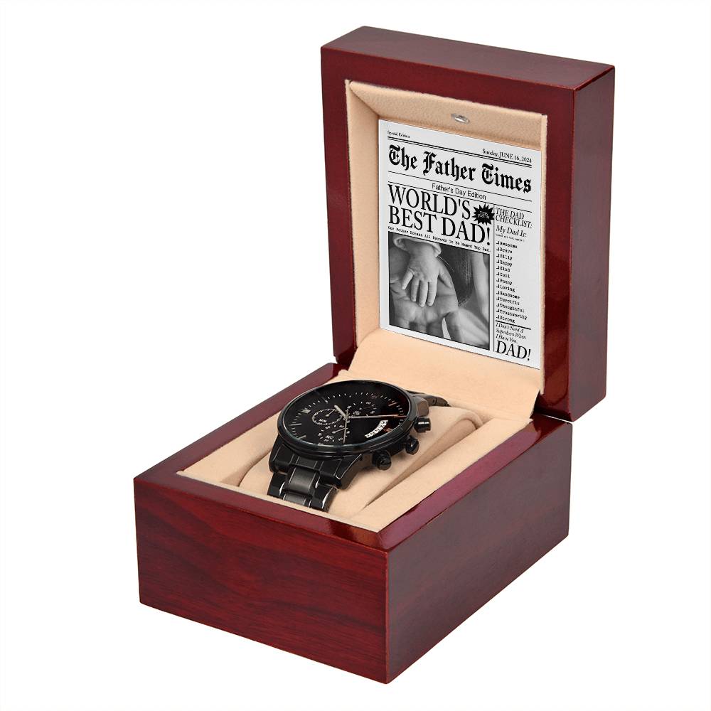 Father's Day Gift For Dad- Mens Black Wrist Watch with Mahogany Box and Message Card - The Father Times