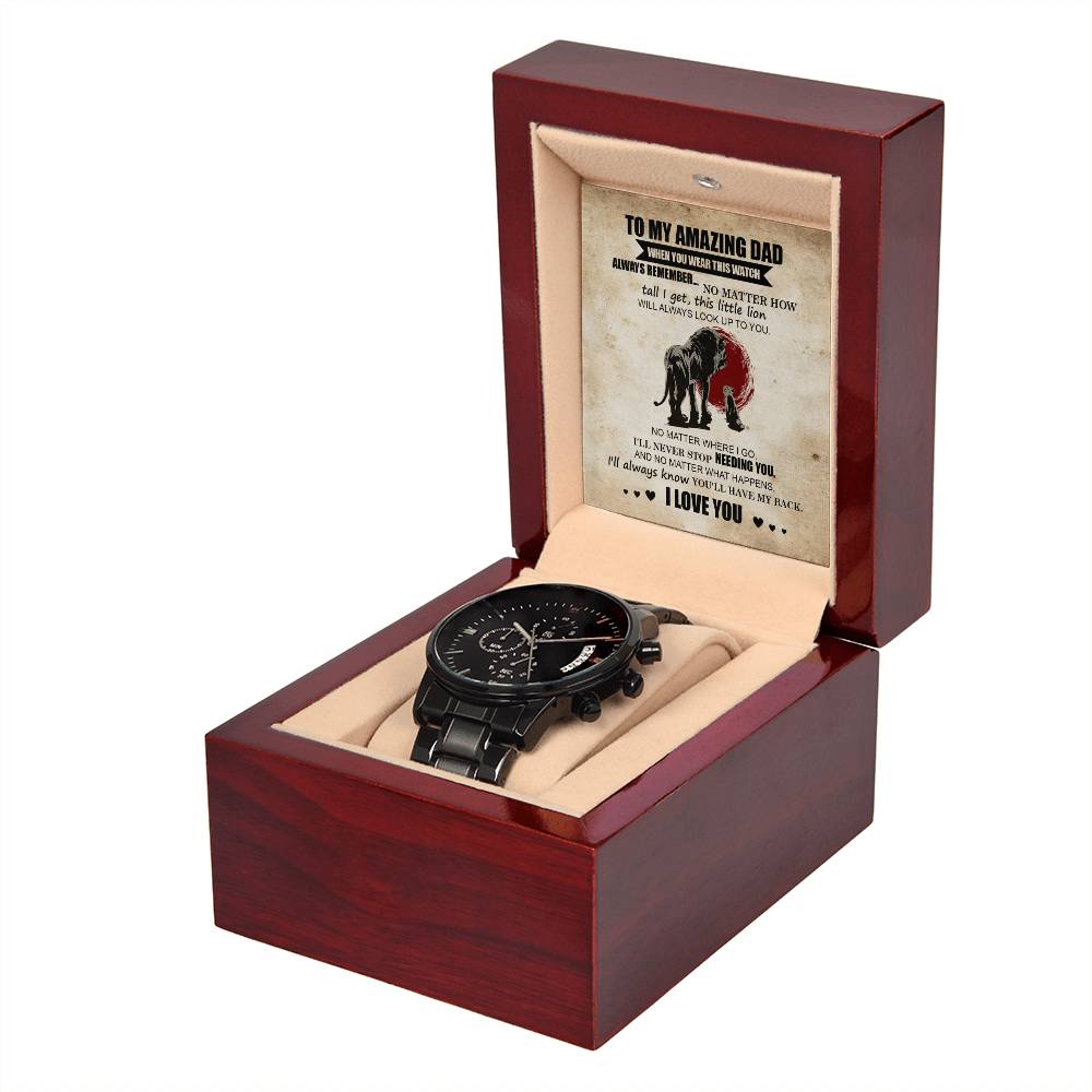 Gift For Dad - Mens Black Wrist Watch with Mahogany Box and Message Card - This Little Lion