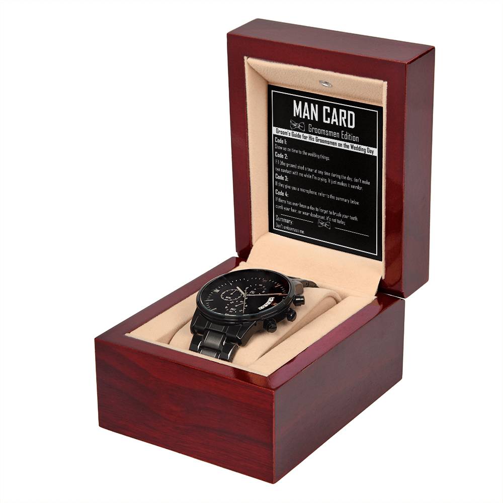 Groomsman Gift - Mens Black Wrist Watch with Mahogany Box and Message Card - Man Card