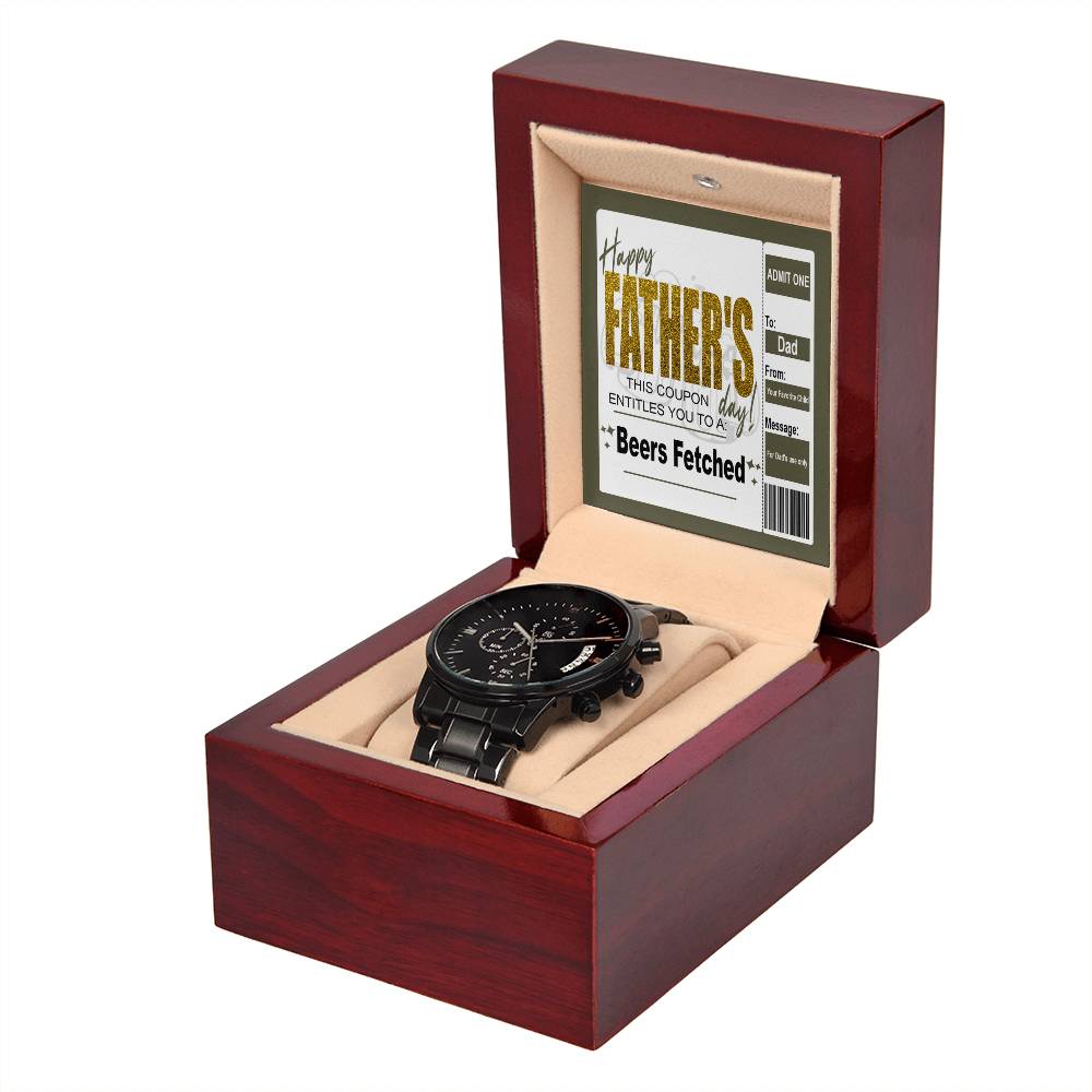 Fathers Day Gift For Dad - Mens Black Wrist Watch with Mahogany Box and Message Card -Beers Fetched