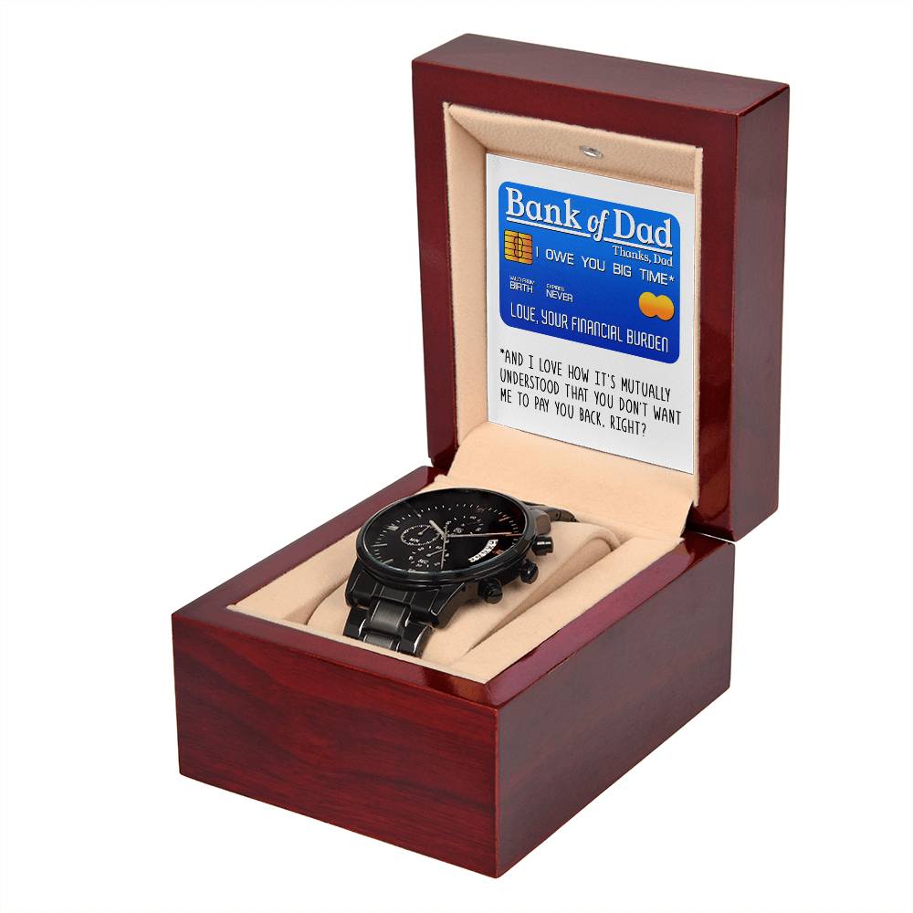 Gift For Dad - Mens Black Wrist Watch with Mahogany Box and Message Card -Bank of Dad