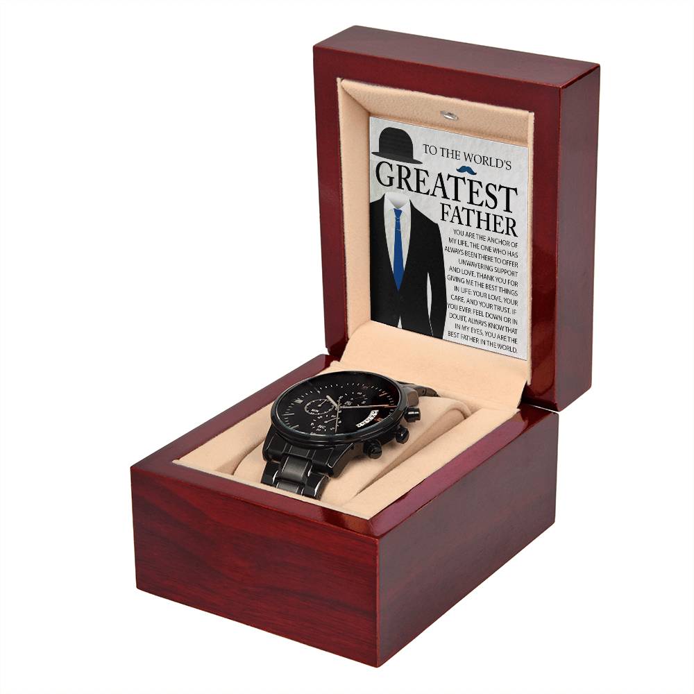 Gift For Dad- Mens Black Wrist Watch with Mahogany Box and Message Card - The Anchor