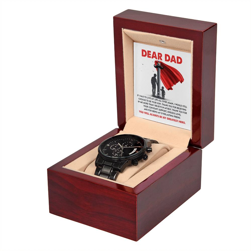 Gift For Dad - Mens Black Wrist Watch with Mahogany Box and Message Card - My Greatest Hero