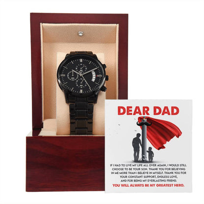 Gift For Dad - Mens Black Wrist Watch with Mahogany Box and Message Card - My Greatest Hero