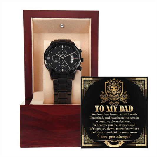 Gift For Dad - Mens Black Wrist Watch with Mahogany Box and Message Card - On Your Crown