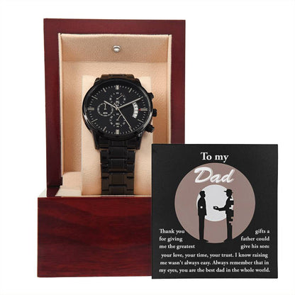 Gift For Dad - Mens Black Wrist Watch with Mahogany Box and Message Card - The Greatest Gifts