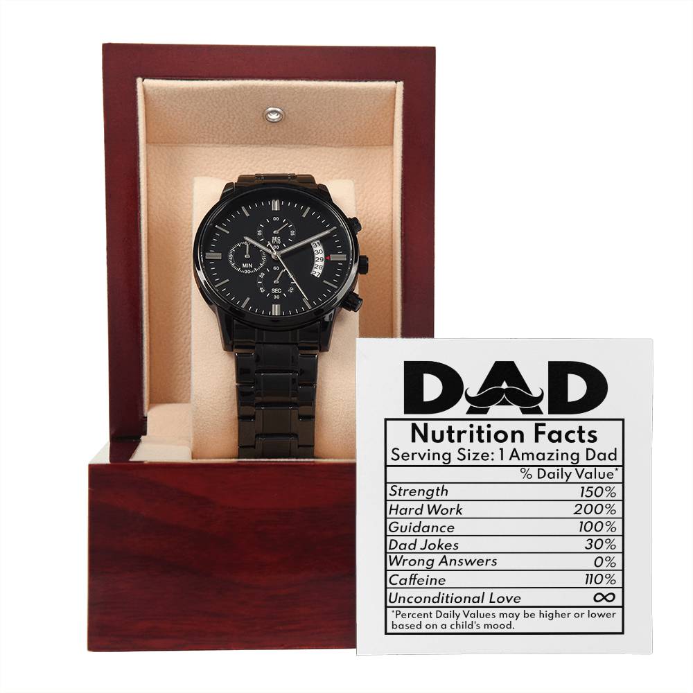 Gift For Dad - Mens Black Wrist Watch with Mahogany Box and Message Card - Nutrition Facts