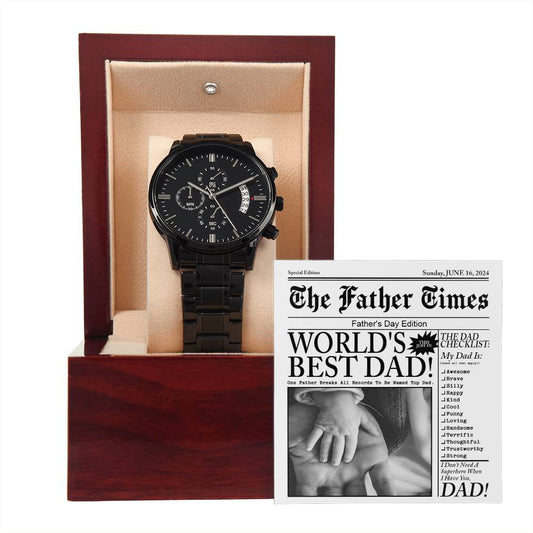 Father's Day Gift For Dad- Mens Black Wrist Watch with Mahogany Box and Message Card - The Father Times