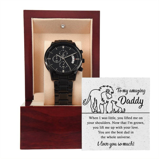 Gift For Dad - Mens Black Wrist Watch with Mahogany Box and Message Card - On Your Shoulders