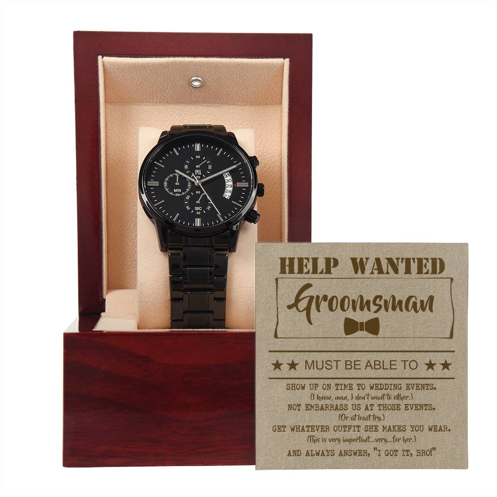 Groomsman Gift - Mens Black Wrist Watch with Mahogany Box and Message Card - Help Wanted