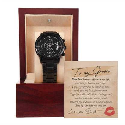 To My Groom Gift - Mens Black Wrist Watch with Mahogany Box and Message Card - You and Me