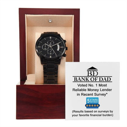 Gift For Dad - Mens Black Wrist Watch with Mahogany Box and Message Card - Financial Burden