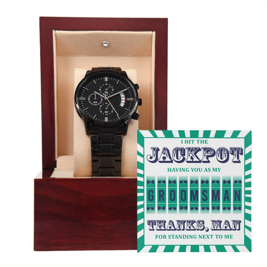 Groomsman Gift - Mens Black Wrist Watch with Mahogany Box and Message Card - Hit The Jackpot