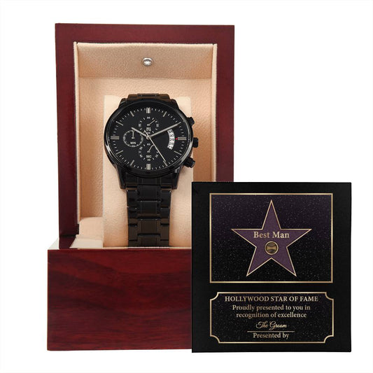 Best Man Gift - Mens Black Wrist Watch with Mahogany Box and Message Card - Star of Fame