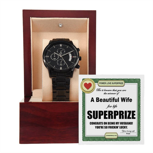 Husband Gift - Mens Black Wrist Watch with Mahogany Box and Message Card - Supersize