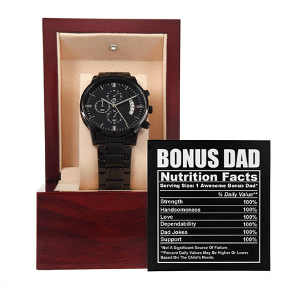 Bonus Dad Gift - Mens Black Wrist Watch with Mahogany Box and Message Card -Nutrition Facts