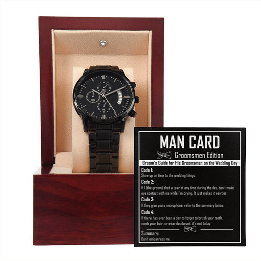 Groomsman Gift - Mens Black Wrist Watch with Mahogany Box and Message Card - Man Card