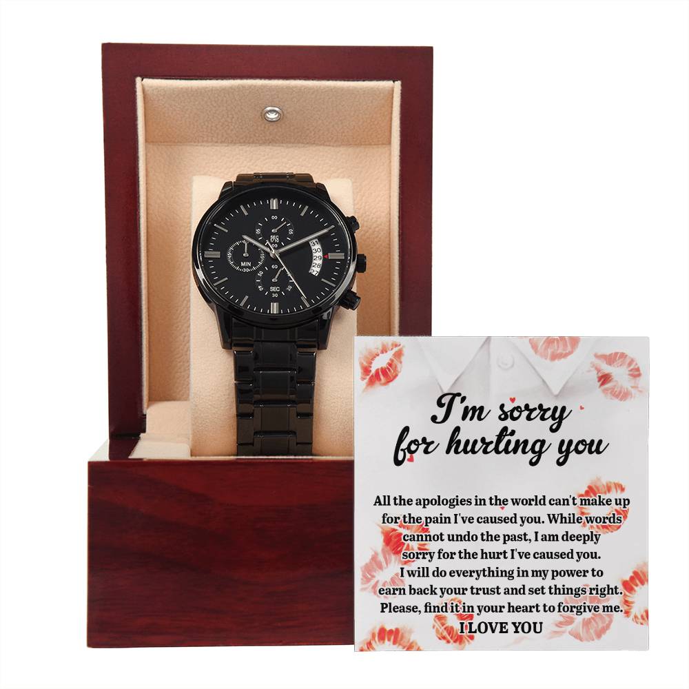 Apology Gift For Him - I Want To Set Things Right - Black Wrist Watch with Mahogany Box and Message Card