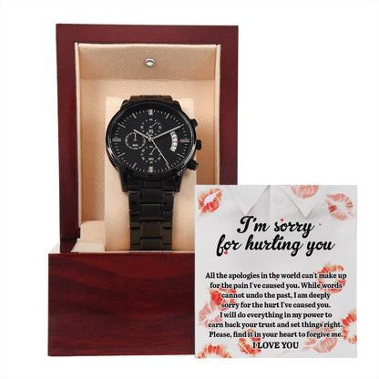 Apology Gift For Him - I Want To Set Things Right - Black Wrist Watch with Mahogany Box and Message Card