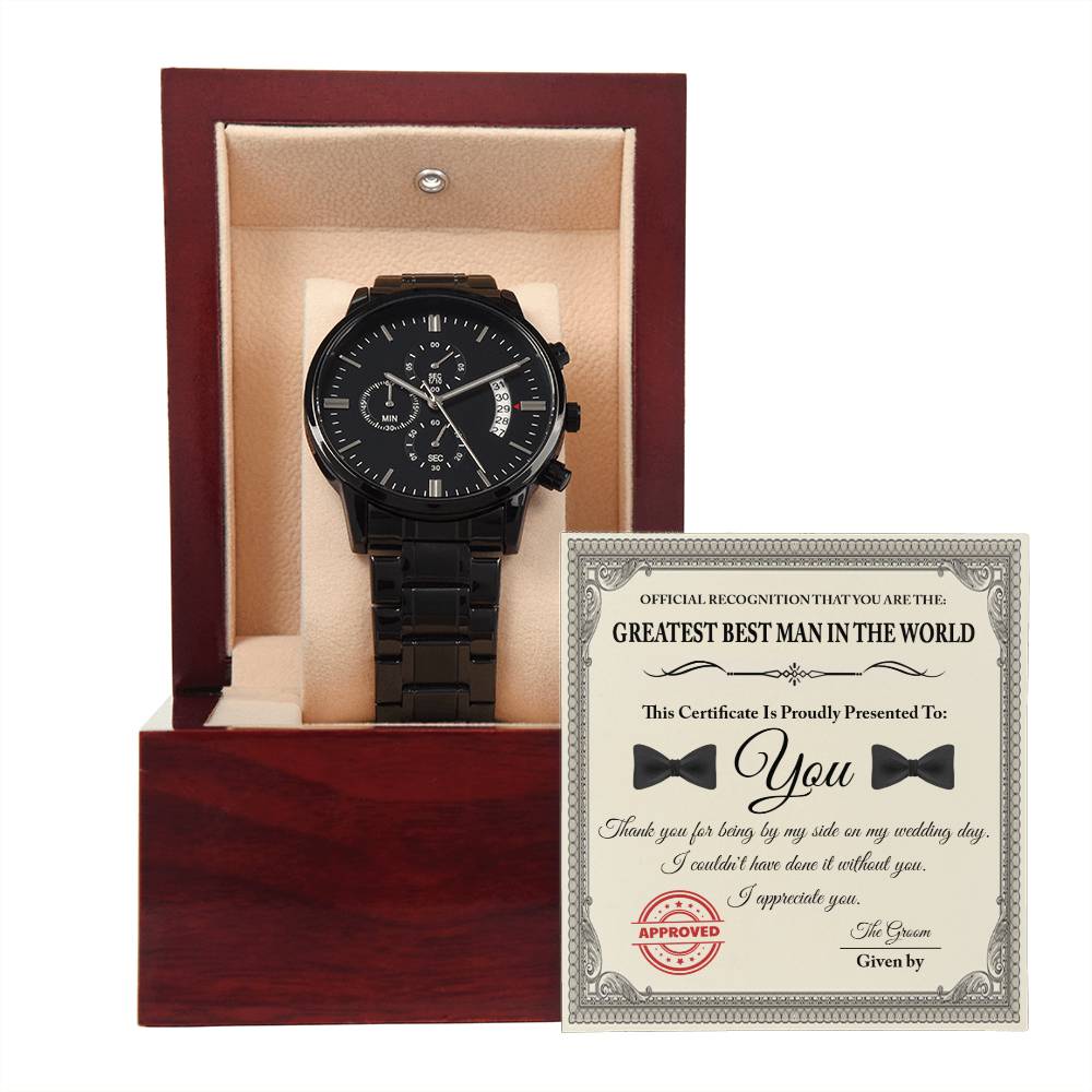 Best Man Gift - Mens Black Wrist Watch with Mahogany Box and Message Card - Official Recognition