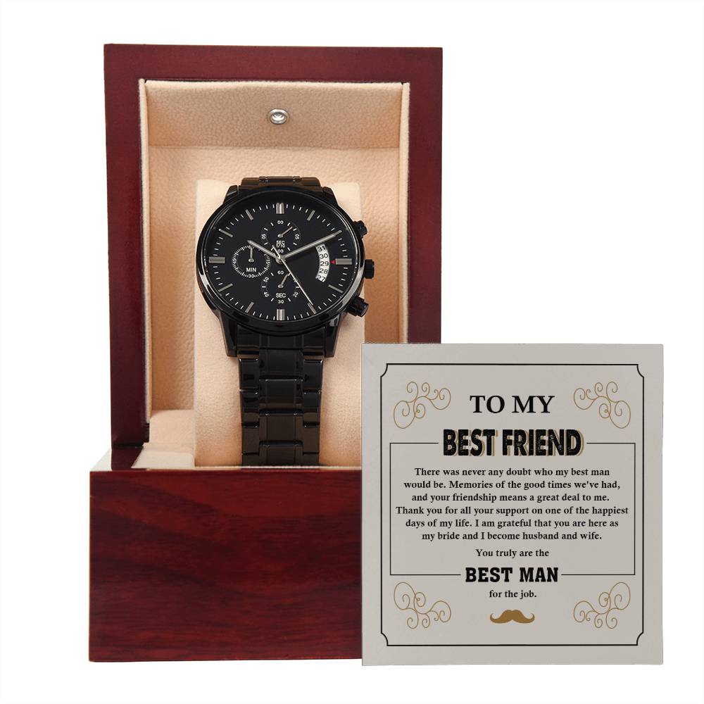 Best Man Gift - Mens Black Wrist Watch with Mahogany Box and Message Card - Thanks For All Your Support