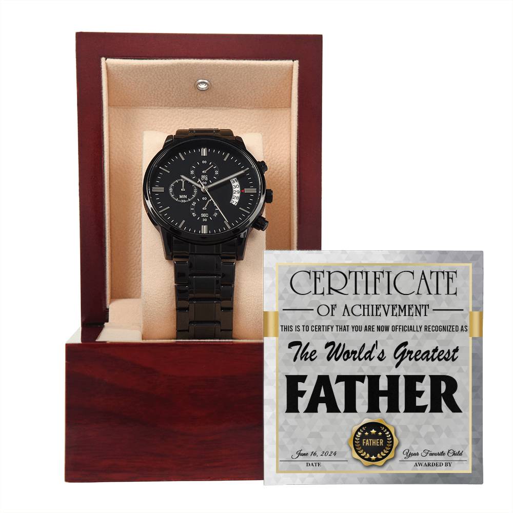 Gift For Dad - Mens Black Wrist Watch with Mahogany Box and Message Card - Worlds Greatest Father Certificate