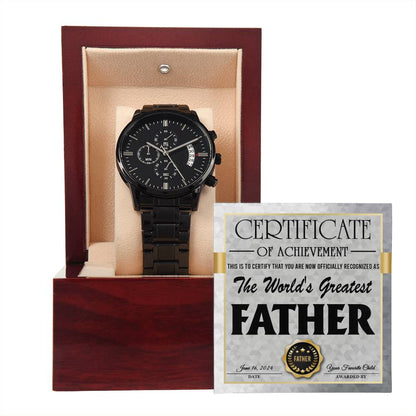 Gift For Dad - Mens Black Wrist Watch with Mahogany Box and Message Card - Worlds Greatest Father Certificate