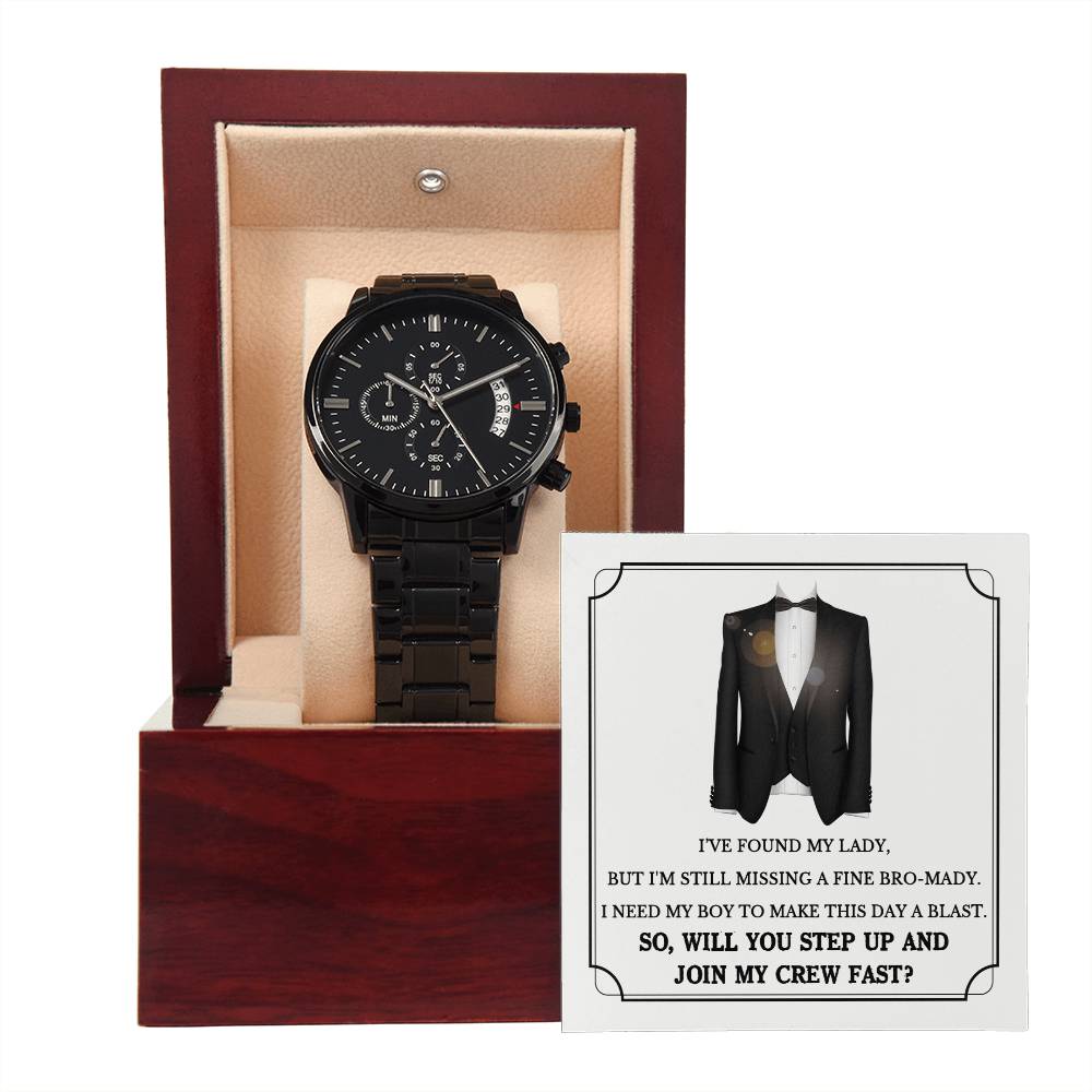 Groomsman Proposal Gift - Black Chronograph Watch with Message Card - Join My Crew