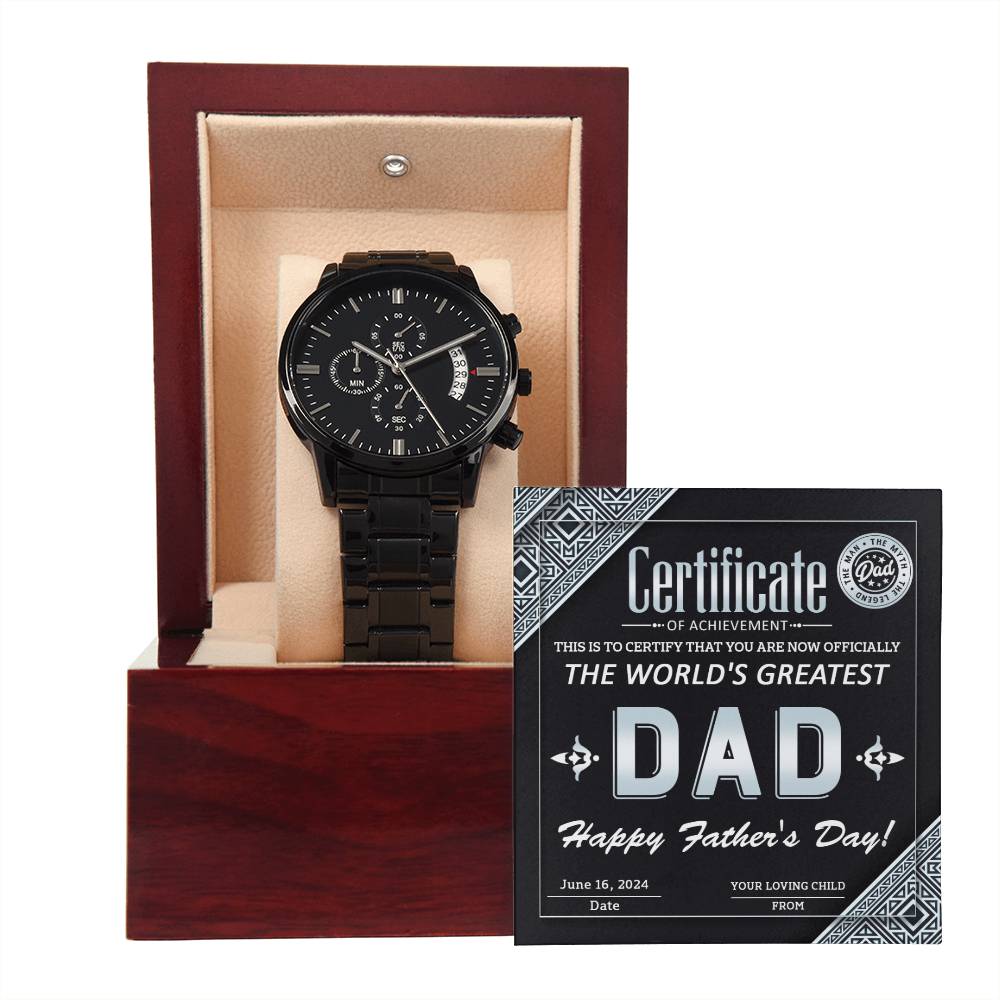 Dad Watch Gift - Certificate of Achievement - Black Chronograph Watch with Mahogany Box