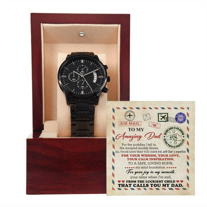 Gift For Dad - Mens Black Wrist Watch with Mahogany Box and Message Card - The Luckiest Child