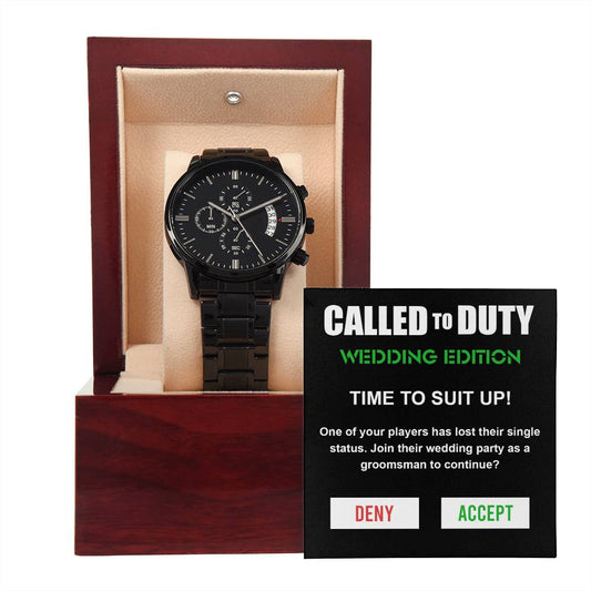 Groomsman Gift - Mens Black Wrist Watch with Mahogany Box and Message Card - Called To Duty