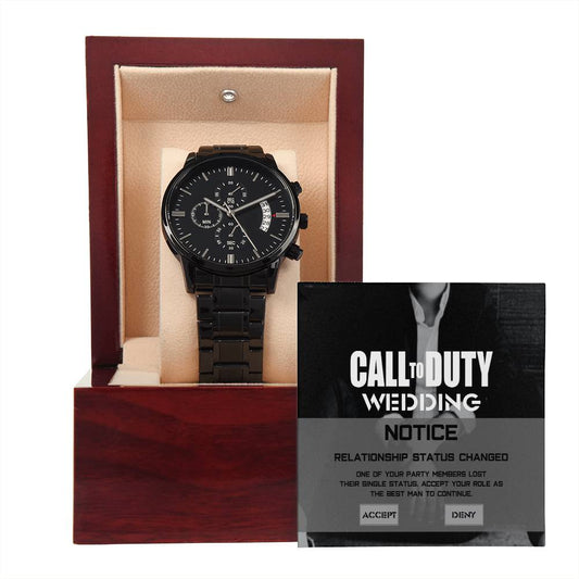 Best Man Gift - Mens Black Wrist Watch with Mahogany Box and Message Card - Call To Duty