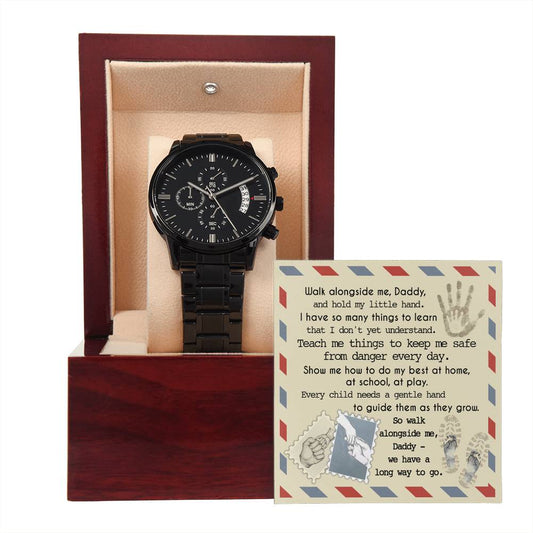 Gift For Dad - Mens Black Wrist Watch with Mahogany Box and Message Card - Walk Along Side Me