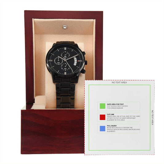 Black Chronograph Watch with Mahogany Box and Message Card - July 30 2023