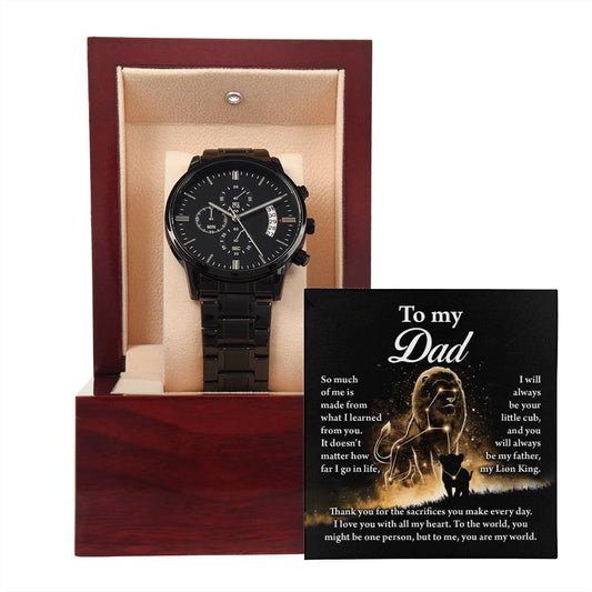 Gift For Dad - Mens Black Wrist Watch with Mahogany Box and Message Card - This Little Lion