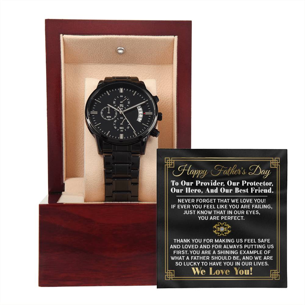 Fathers Day Gift - Mens Black Wrist Watch with Mahogany Box and Message Card - On Protector