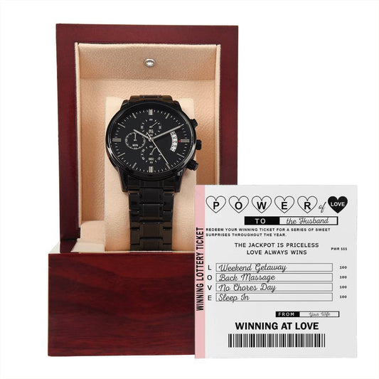 Husband Gift - Mens Black Wrist Watch with Mahogany Box and Message Card - Power of Love