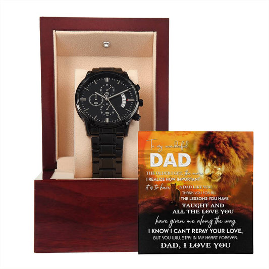 Gift For Dad - Mens Black Wrist Watch with Mahogany Box and Message Card - Repay Your Love