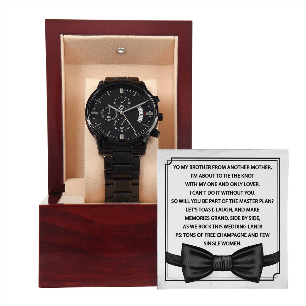 Groomsman Proposal Gift - Black Chronograph Watch with Message Card - Please Be My Groomsman