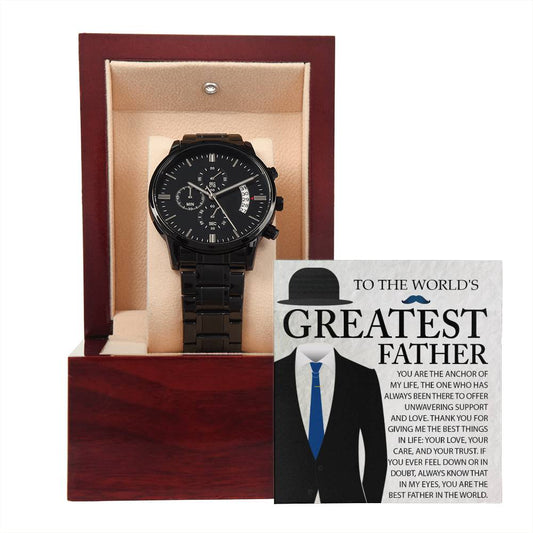 Gift For Dad- Mens Black Wrist Watch with Mahogany Box and Message Card - The Anchor