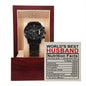To My Husband - Mens Black Wrist Watch with Mahogany Box and Message Card - Nutrition Facts - World's Best Husband