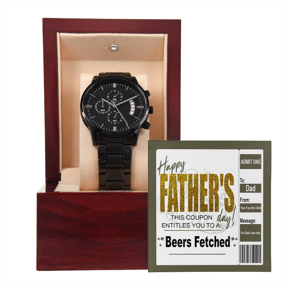 Fathers Day Gift For Dad - Mens Black Wrist Watch with Mahogany Box and Message Card -Beers Fetched