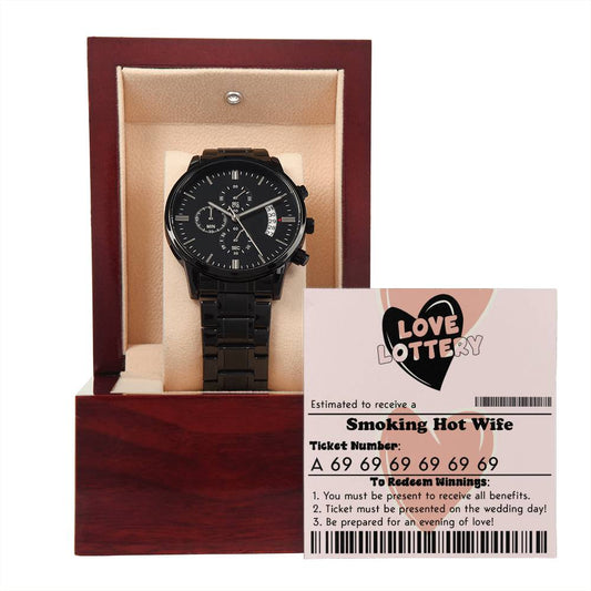 Husband Gift - Mens Black Wrist Watch with Mahogany Box and Message Card - Jackpot Winner