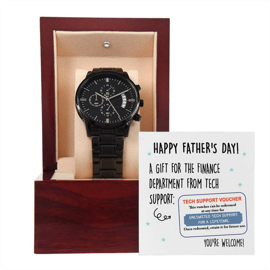 Fathers Day Gift For Dad - Mens Black Wrist Watch with Mahogany Box and Message Card - Tech Support Voucher