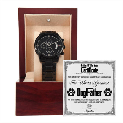 Gift For a Dog Dad - Mens Black Wrist Watch with Mahogany Box and Message Card - Dog Father Of The Year