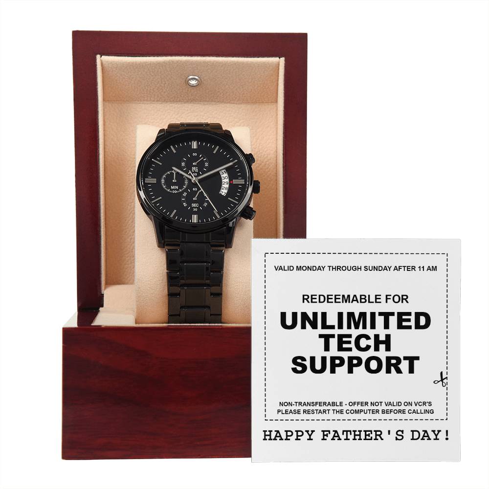 Fathers Day Gift For Dad - Mens Black Wrist Watch with Mahogany Box and Message Card - Unlimited Tech Support